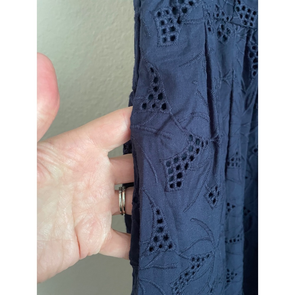ModCloth Navy Blue Eyelet Peter Pan Collar Retro Midi Dress 12 Old Money Preppy - Picture 8 of 10
